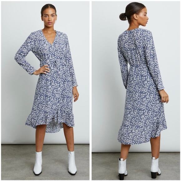 Rails Jade Navy Camellia Floral Feminine V-Neck Tie Waist High-Low Midi Dress XL - Picture 1 of 16